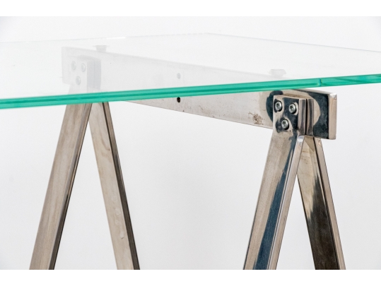 Chrome Framed Glass Top Desk With Sawhorse Form Pedestals