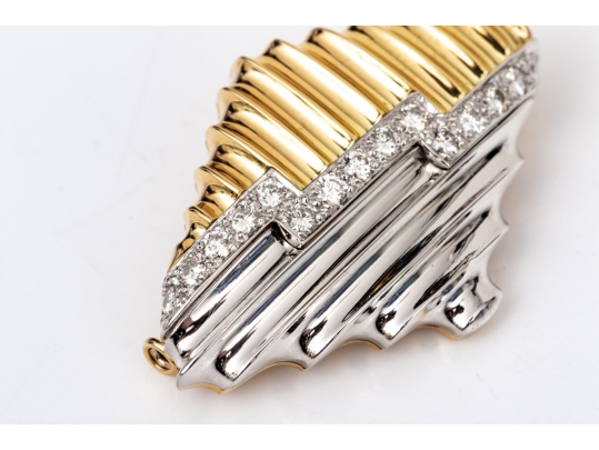 Michael Bondanza Platinum, 18k And Diamond Pair Of Opposing Deco Style Brooches, App. 1.20 TCW