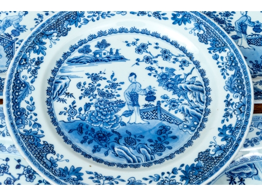 Set Of Seven Antique Chinese Export Blue And White Canton Pattern Porcelain Plates