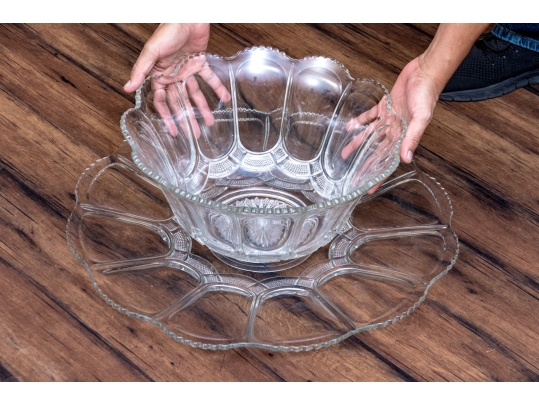 Fabulous Oversized Floral Form Glass Punchbowl With Undertray