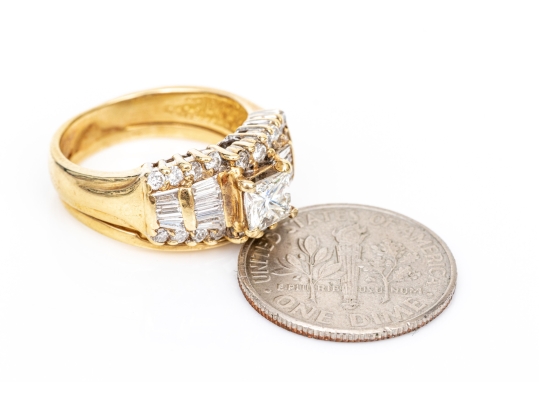 14k Radiant, Cut, Round And Baguette Diamond Ring With Attached Band, App. 1.02 TCW, Size 4.5
