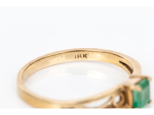 18k Yellow Gold Filigree Decorated Square Emerald Solitaire Ring, App. 0.27 CTS, Size 7