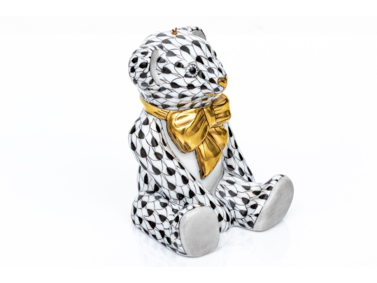 Rare Herend Hungary Porcelain Teddy Bear Ornament Figure, Black Fishnet Pattern