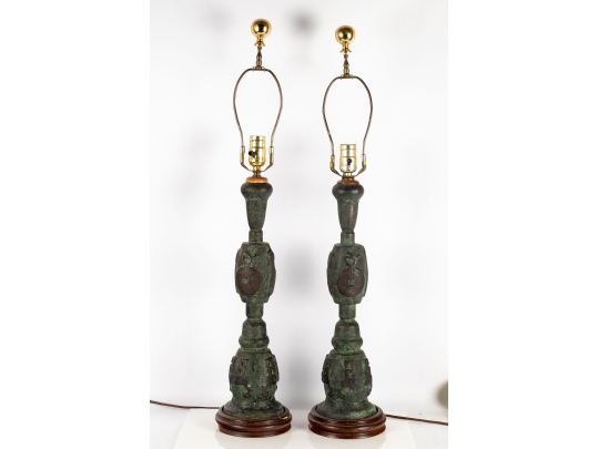 Pair Of Asian-Style Verdigris Metal Table Lamps