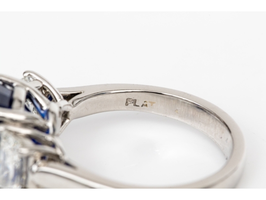 Platinum Beautiful Sapphire And Diamond Three Stone Ring, Size 5.75