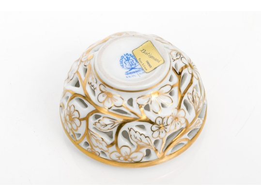 Herend Hungary Hand-Painted Reticulated Porcelain Potpourri Or Covered Box – Gold Floral Design