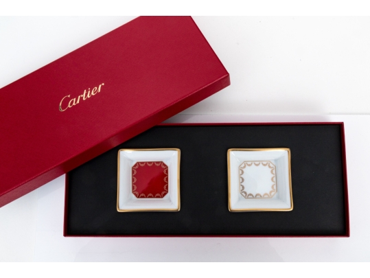 Cartier Pair Of Limoge Porcelain Trinket Trays, With Box