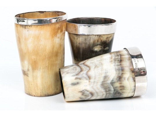 Antique English Collection Of Three Sterling Silver Mounted Carved Horn Cups
