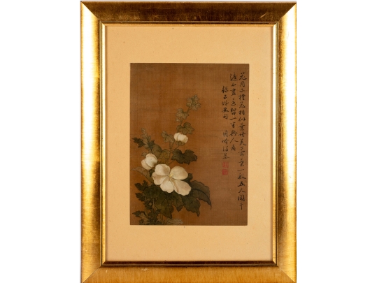Framed Chinese White Blossom Watercolor On Silk 
