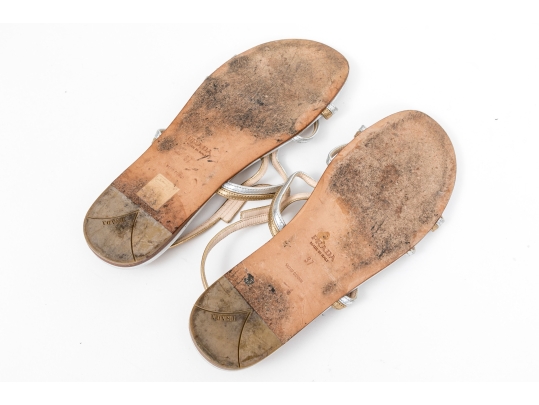 Prada Lovely Silver And Gold Metallic Leather Flat Sandals, Size 37
