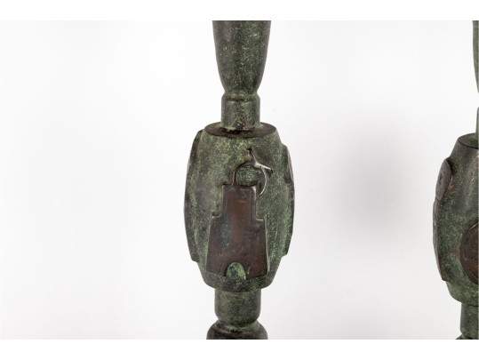 Pair Of Asian-Style Verdigris Metal Table Lamps