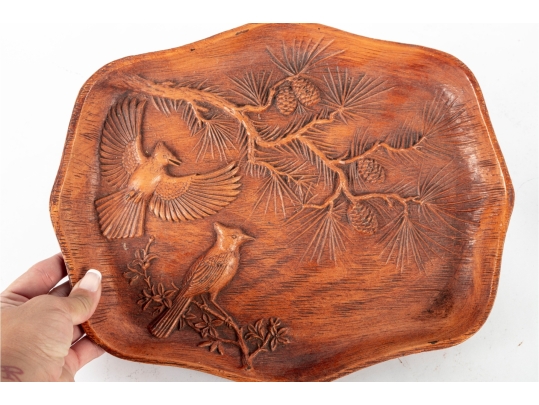 Mid-Century Nutte Products Hand-Carved Wooden Tray With Birds And Pine Motif
