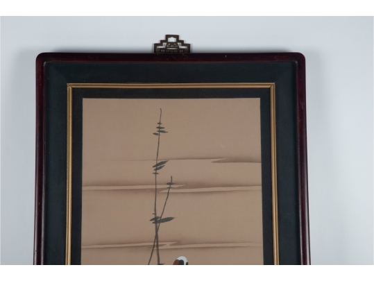 Pair Of Framed Asian Paintings On Silk Of Cranes