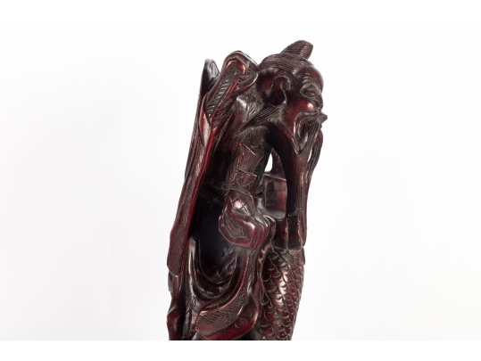 Chinese Carved Wood Figure Of Shou Lao With Carp