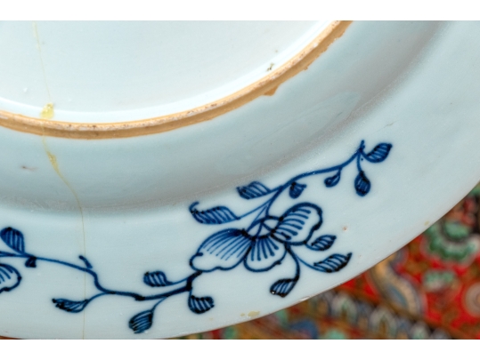 Set Of Seven Antique Chinese Export Blue And White Canton Pattern Porcelain Plates