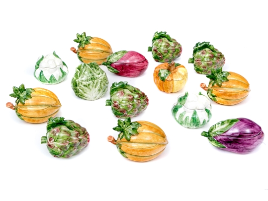 Fourteen Italian Hand-painted Naturalistic Vegetable Form Lidded Bowls Including Vietri