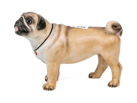 Herend Hungary Hand-Painted Porcelain Pug Figurine, Natural Finish, Red Heart Collar, First Edition