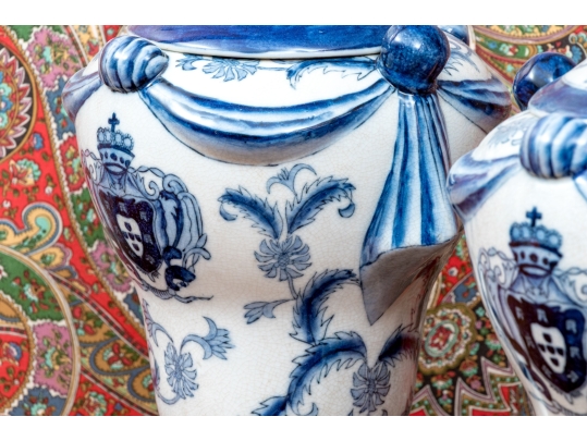 Pair Of Decorative Chinese Export Armorial Lidded Urns