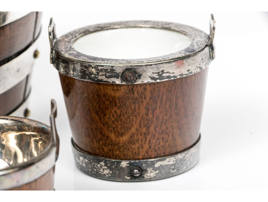 Five Piece Antique English Oak And Silverplate Salt And Condiment Set