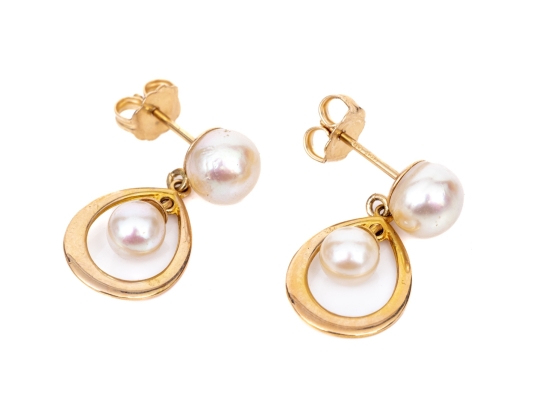 14k Yellow Gold Cultured Pearl And Gold Halo Drop Pendant Earrings