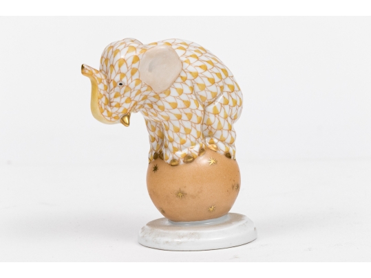 Herend Hungary Hand-painted Porcelain Circus Elephant On Ball, Butterscotch Fishnet Pattern