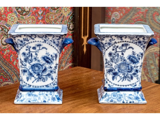Pair Of Decorative Blue And White Twin Handled Square Beaker Vases