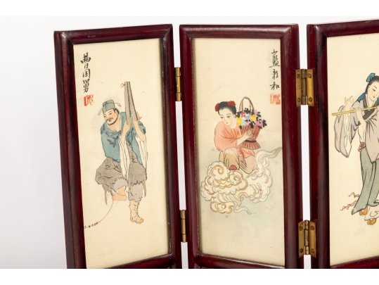 Chinese Hand-Painted Framed Silk Paintings Folding Table Screen