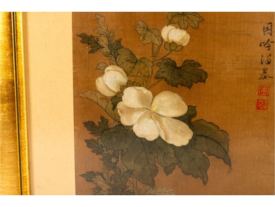 Framed Chinese White Blossom Watercolor On Silk 