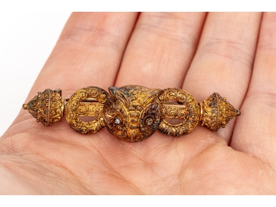14k Gold Antique Beautiful Ornate Owl Motif Brooch With Rose Cut Diamond Eyes