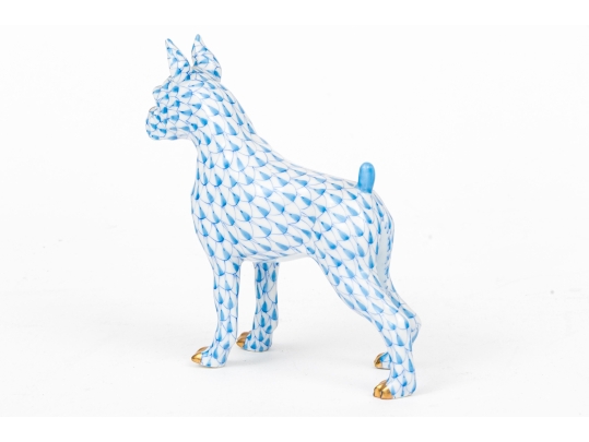 First Edition Herend Hungary Hand-Painted Porcelain Boxer Dog Figure, Blue Fishnet Pattern
