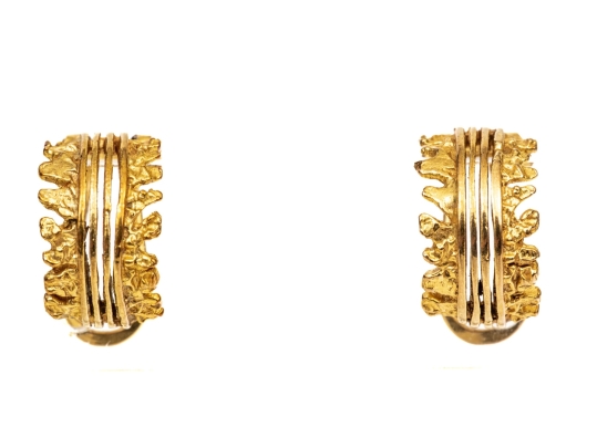 9k Yellow Gold Striking Diminutive Vintage Brutalist Style Half Hoop Clip On Earrings