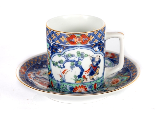Japanese Imari-Style Porcelain Teacup And Saucer With Children/Floral Motifs