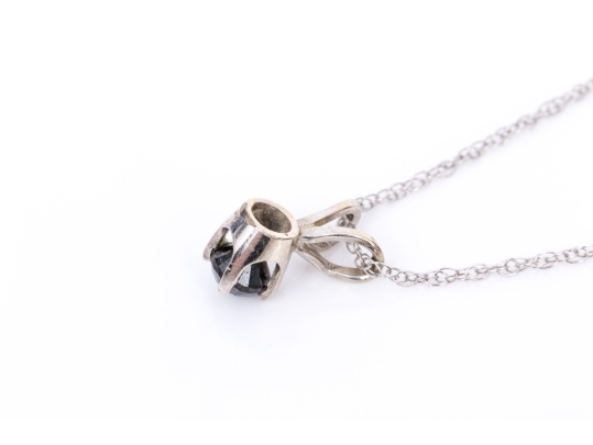 10k White Gold Black Diamond Solitaire Pendant, With Gold Chain