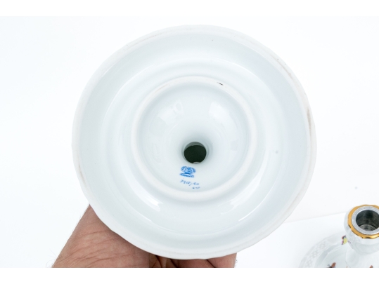 Pair Of Herend Hand-Painted Porcelain Convertible 3-Light Candelabra, Rothschild Bird (RO) Pattern