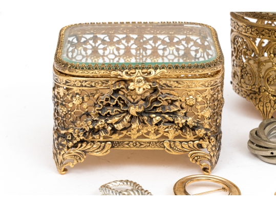 Collection Of Fashion And Limoge Brooches, Necklace And Two Jewelry Boxes