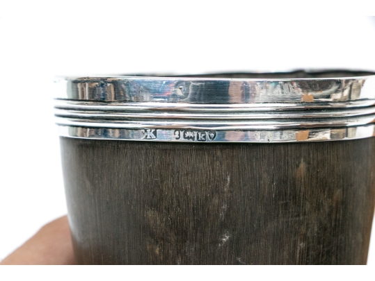 Antique English Collection Of Three Sterling Silver Mounted Carved Horn Cups