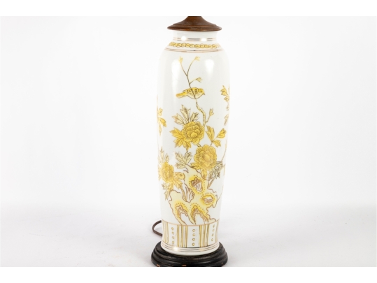 Porcelain Table Lamp With Yellow Floral And Bird Motif
