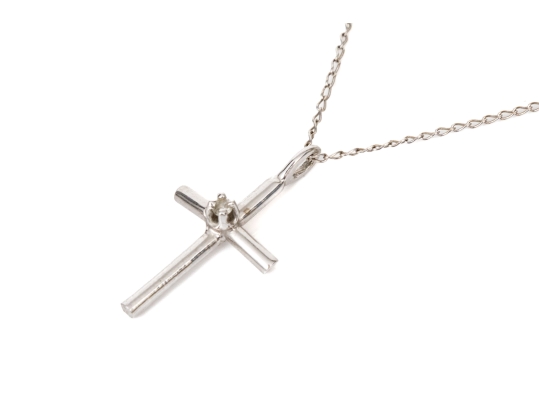 14k White Gold Fine Curb Chain With Sterling Silver Contemporary Cross