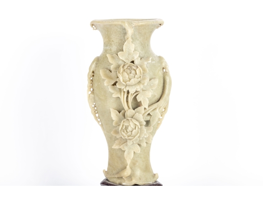 Carved Soapstone Vase With Floral Motif