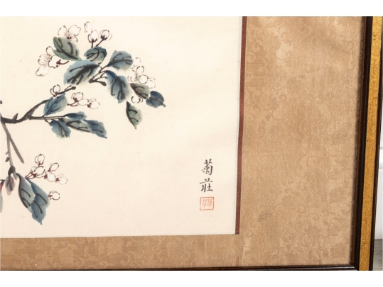 Large Chinese Ink And Watercolor Painting Of Birds On A Branch