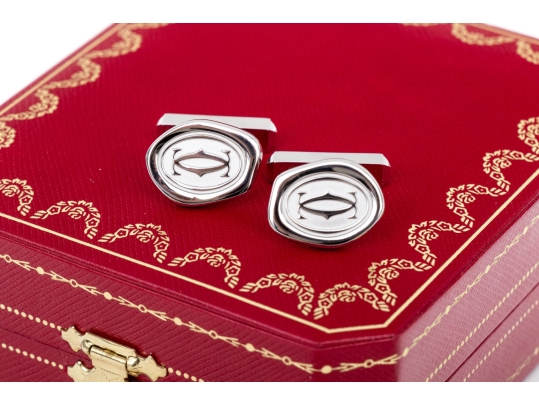 Cartier Sterling Silver Promotional Wax Seal Logo Motif Cufflinks, With Box 