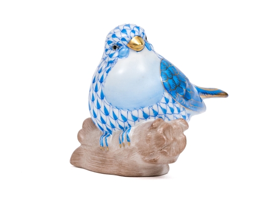 Herend Hungary Hand-Painted Porcelain Stout Bird Figure On Branch, Blue Fishnet Pattern