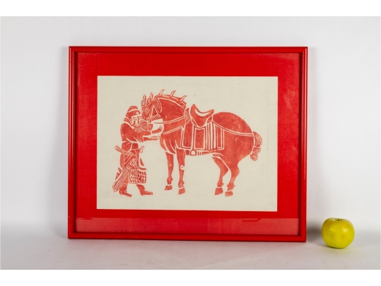 Chinese Vintage Framed Stone Rubbing Scroll Depicting A Warrior