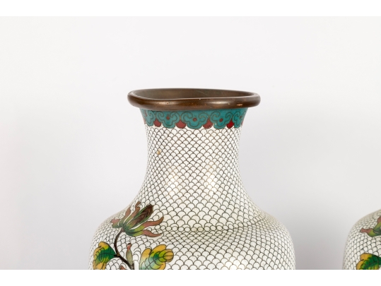 Pair Of Vintage White Cloisonné Floral Vases