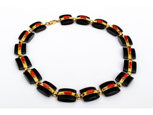 18k Yellow Gold Beautiful Chunky Square Black Onyx Pillow Link And Coral Set Necklace