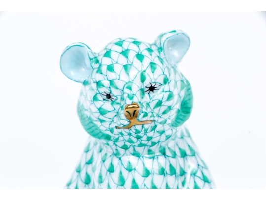 Herend Hungary Hand-Painted Bear Figure, Green Fishnet Pattern