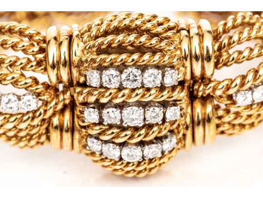 David Webb 18k Yellow Gold Stunning Vintage Diamond Set Rope Motif Bracelet, With Hidden Watch