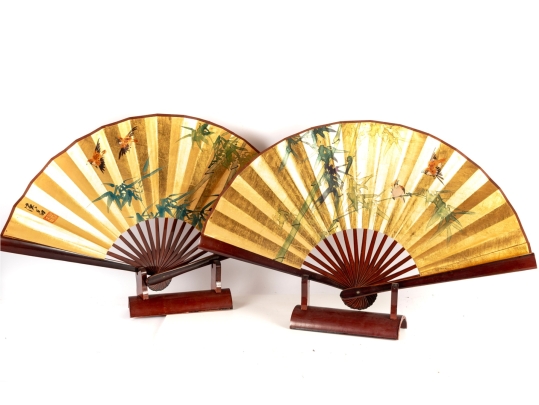 Pair Of Japanese Gilt Folding Fans On Stands