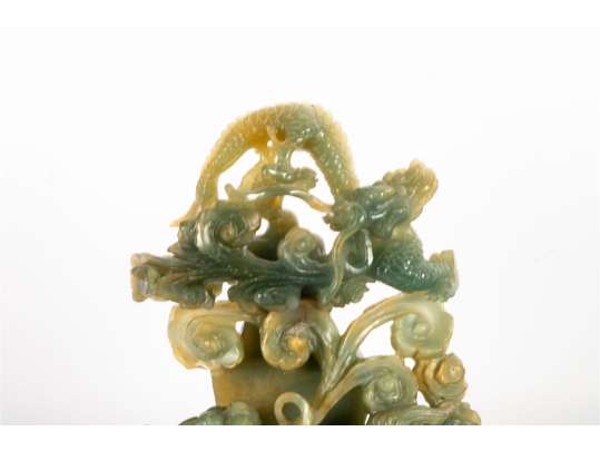 Carved Green Jade Dragon And Qilin Sculpture On Wood Base