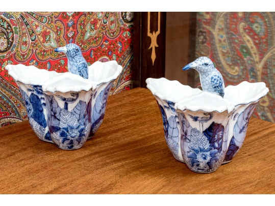 Pair Of Decorative Chinese Porcelain Trefoil Partitioned Vases